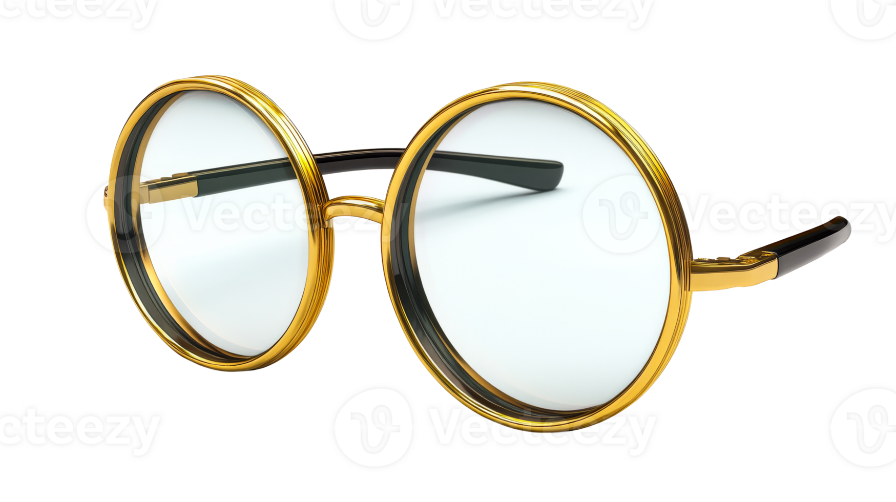 Round eyeglasses with gold frame, cut out transparent png