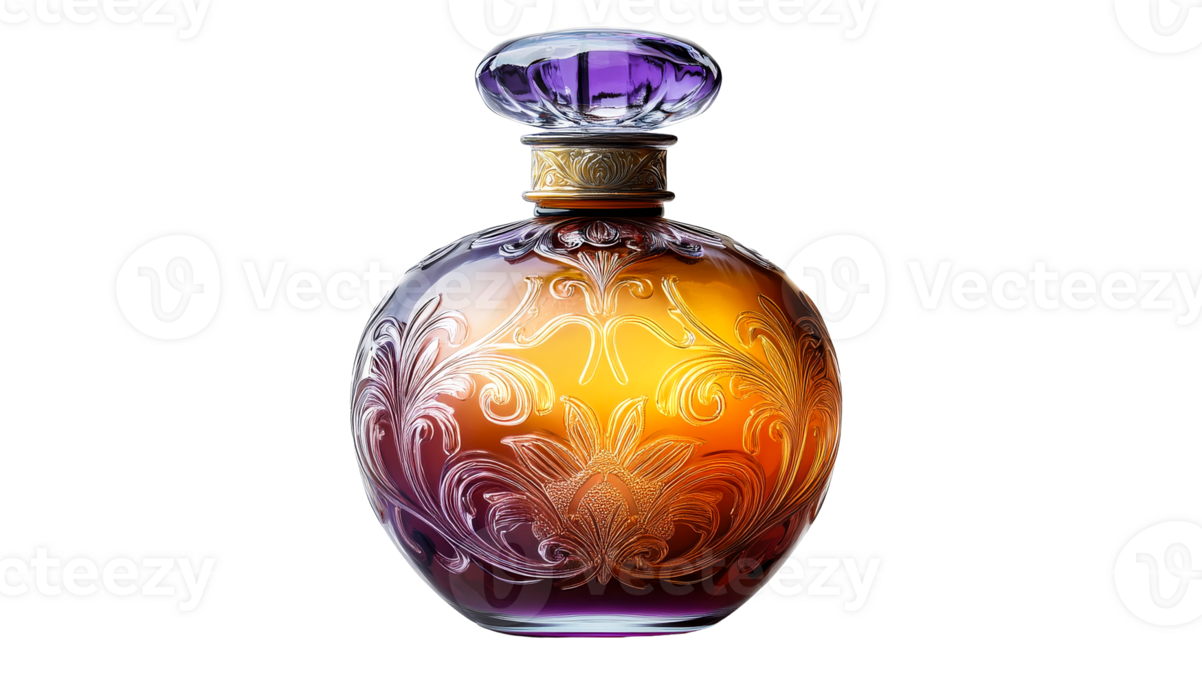Ornate Glass Bottle with Violet Stopper, cut out transparent png