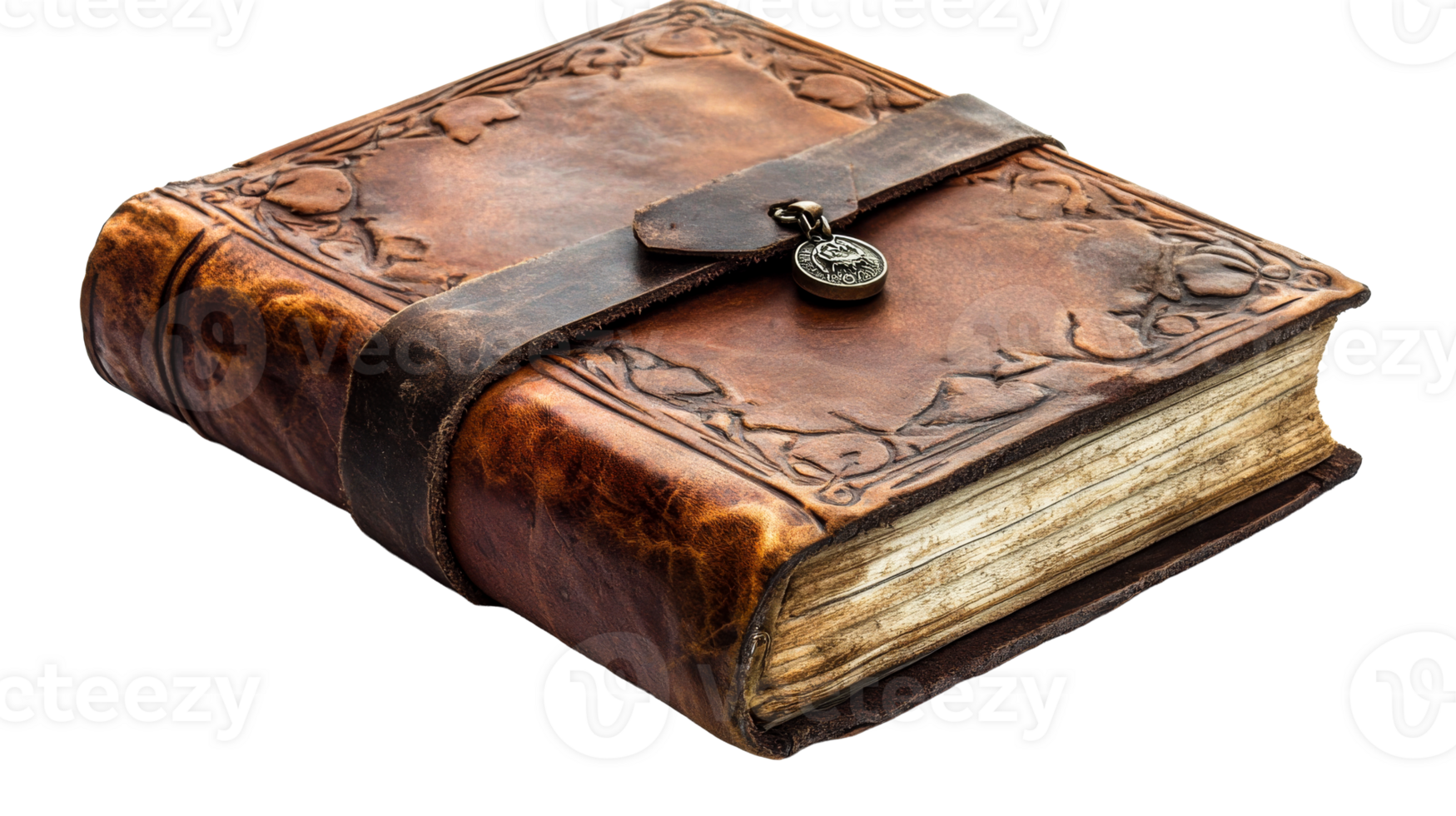 Embossed leather journal, aged pages, cut out transparent png