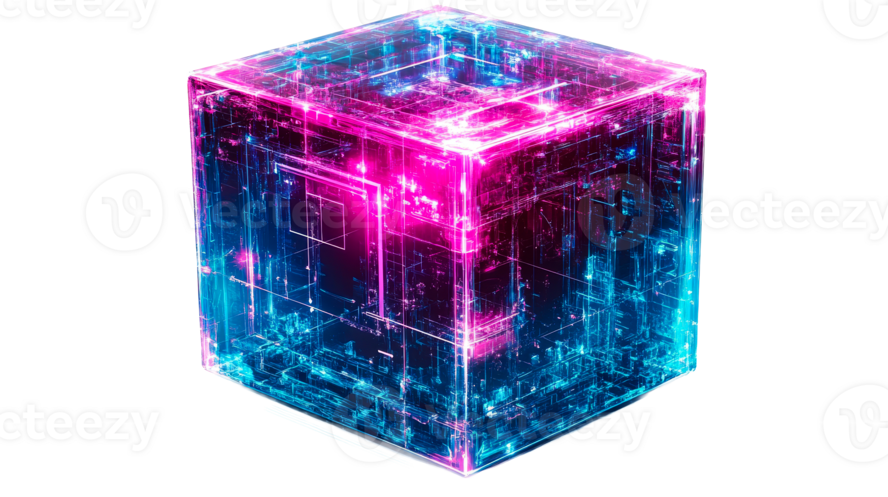 Glowing Tech Cube with Lines, cut out transparent png