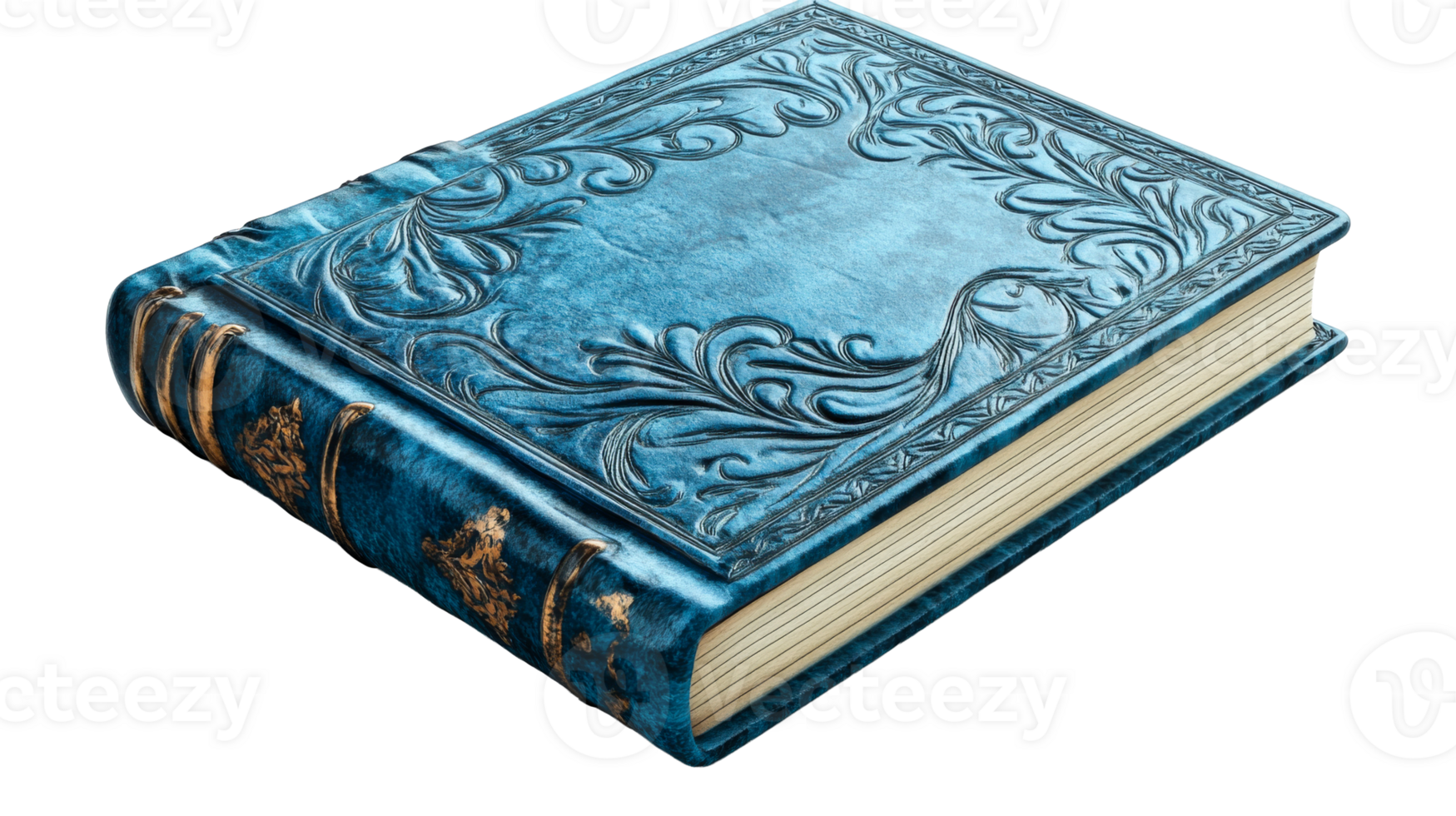 Closed azure book with gilded decor, cut out transparent png