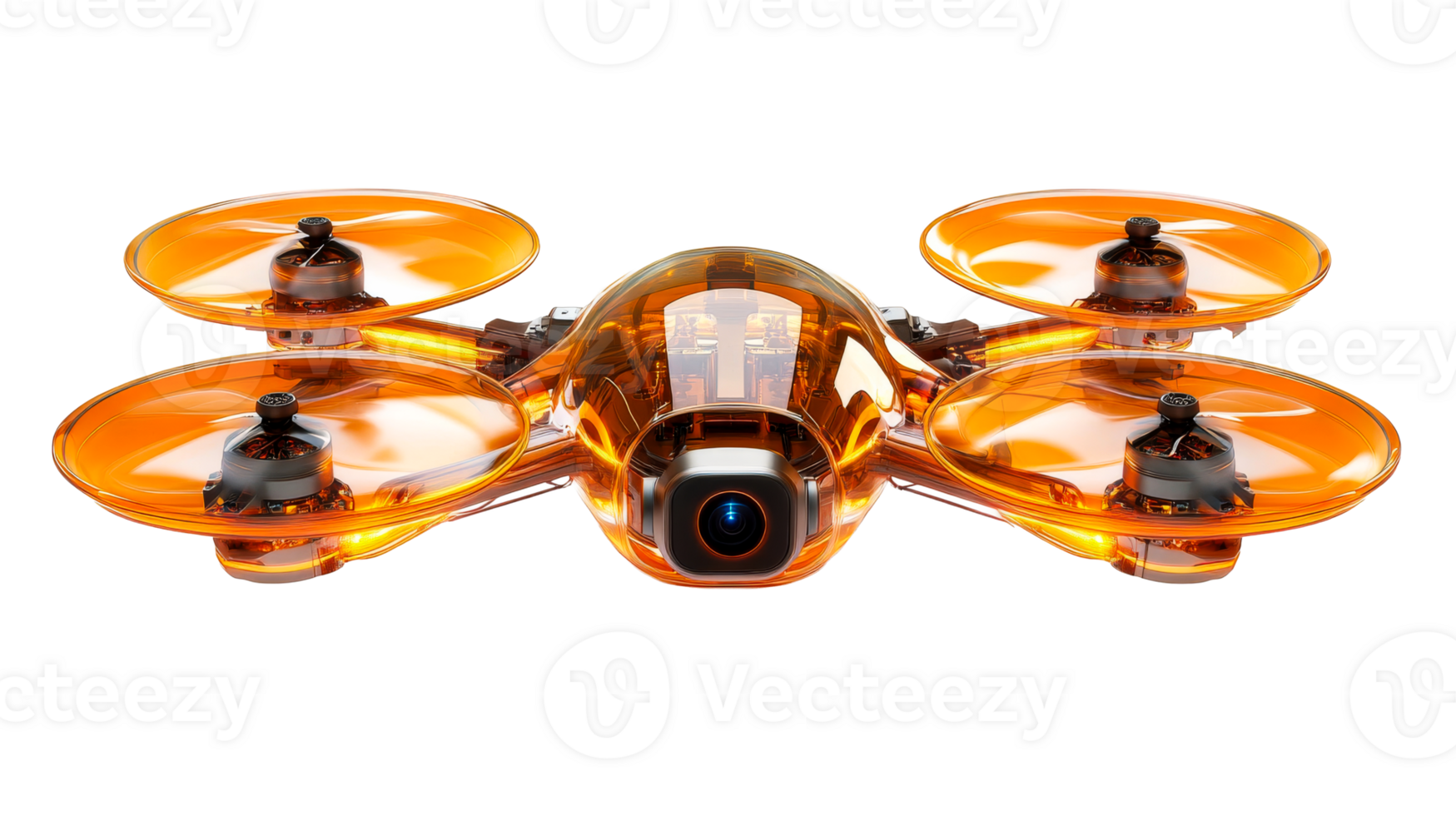 Orange drone quadcopter with camera, cut out transparent png