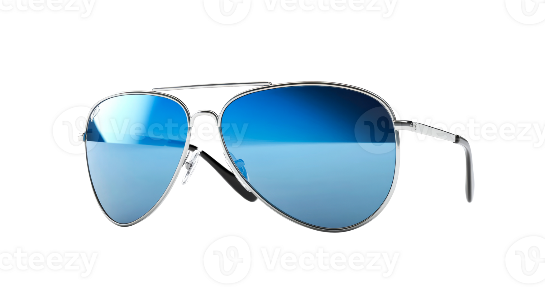 Silver aviator shades, blue lenses, cut out transparent png