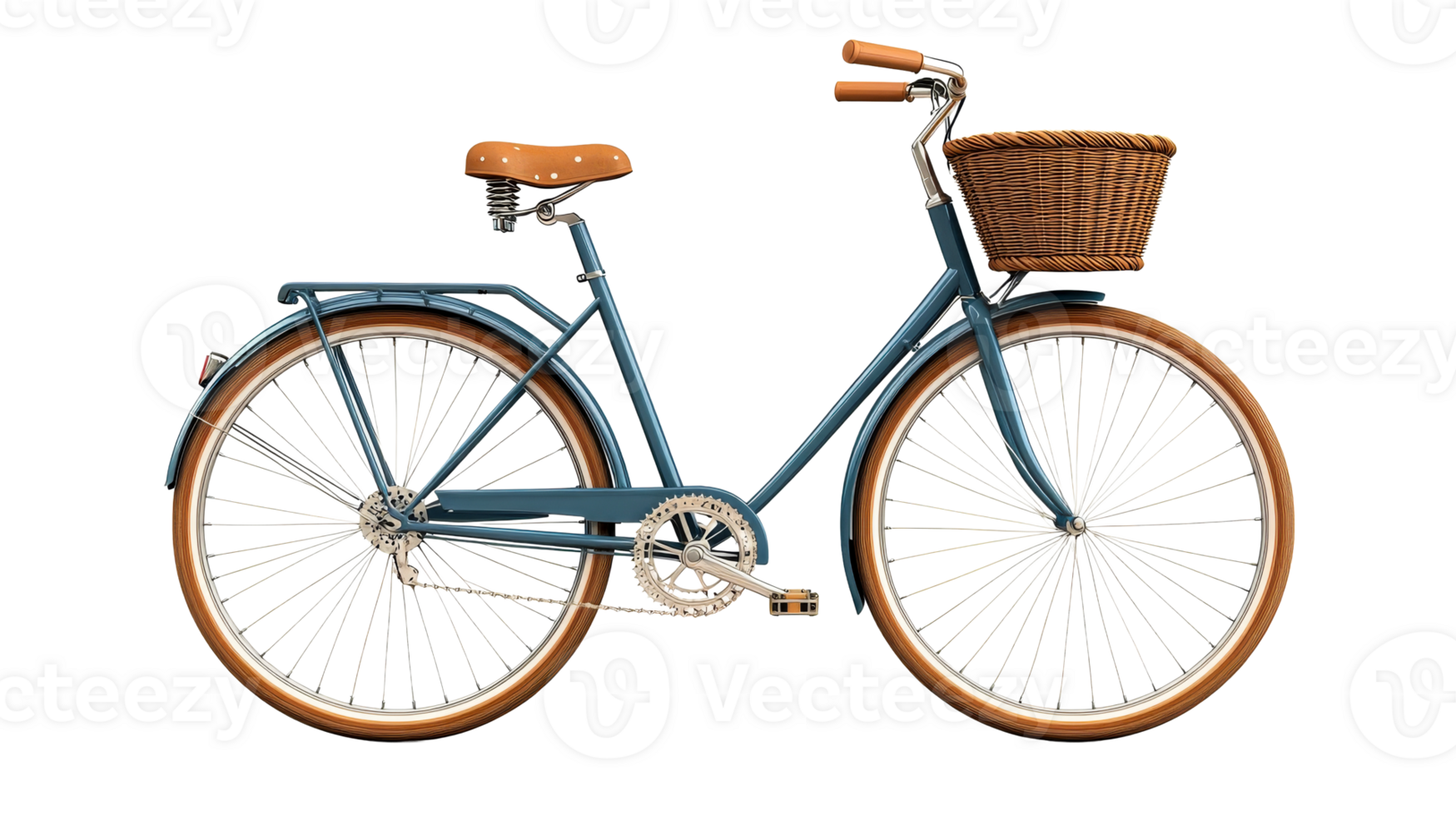 Blue vintage bicycle with basket, cut out transparent png