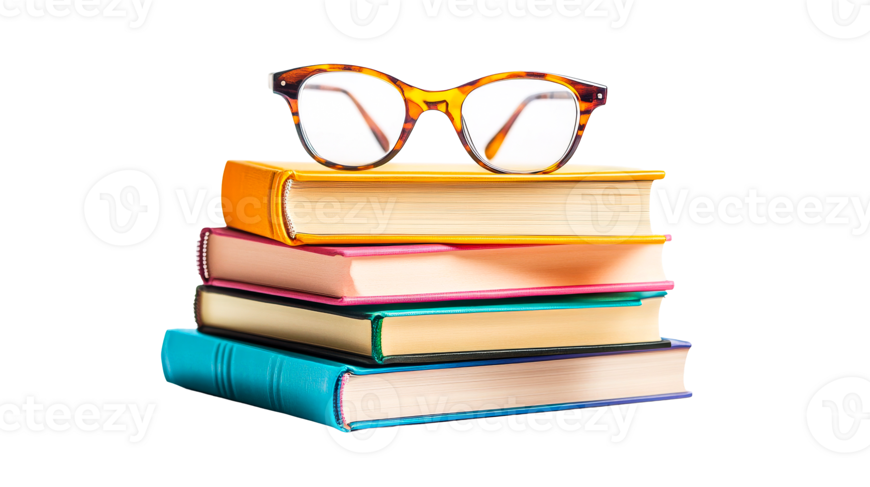 Stack colorful books with spectacles, cut out transparent png