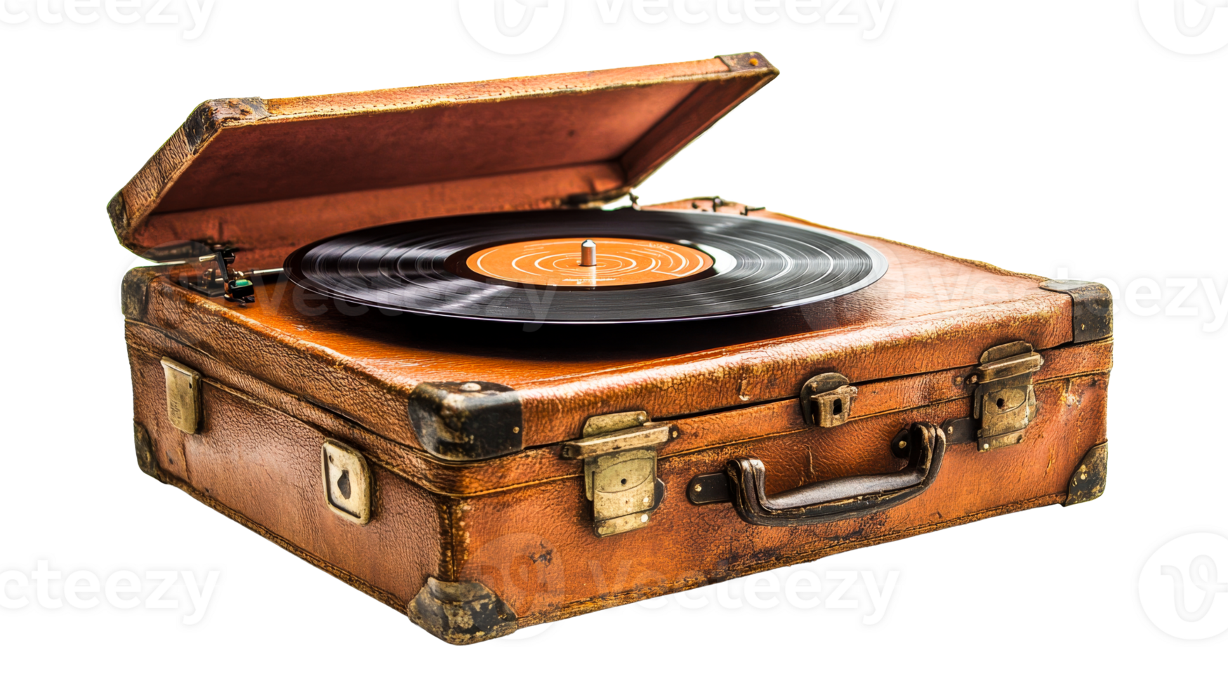 Old turntable in suitcase, cut out transparent png