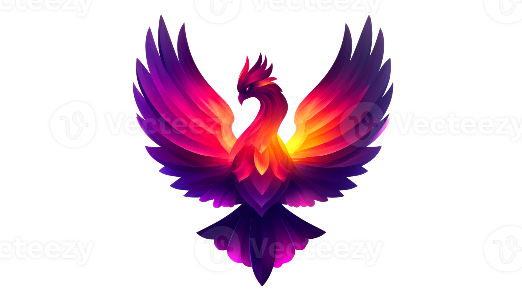 Radiant stylized phoenix with wings spread, cut out transparent png