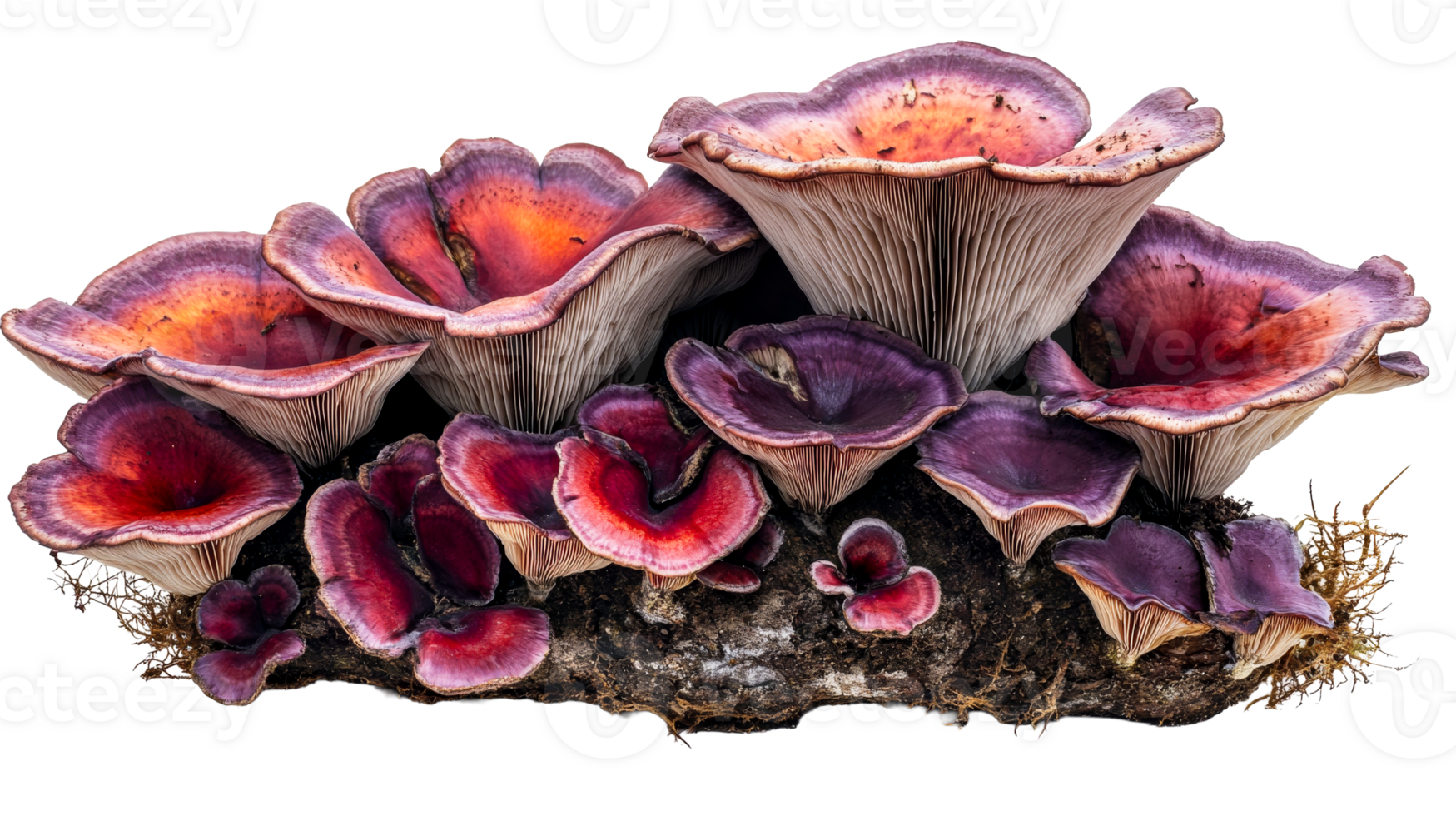 Group of lilac mushrooms on log, cut out transparent png