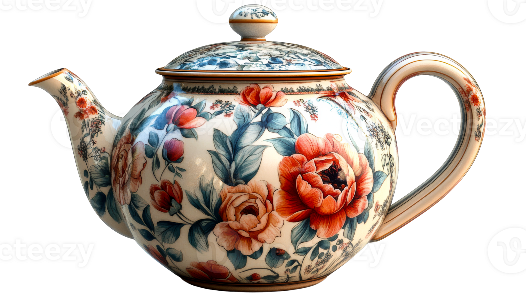 Floral teapot with roses, cut out transparent png