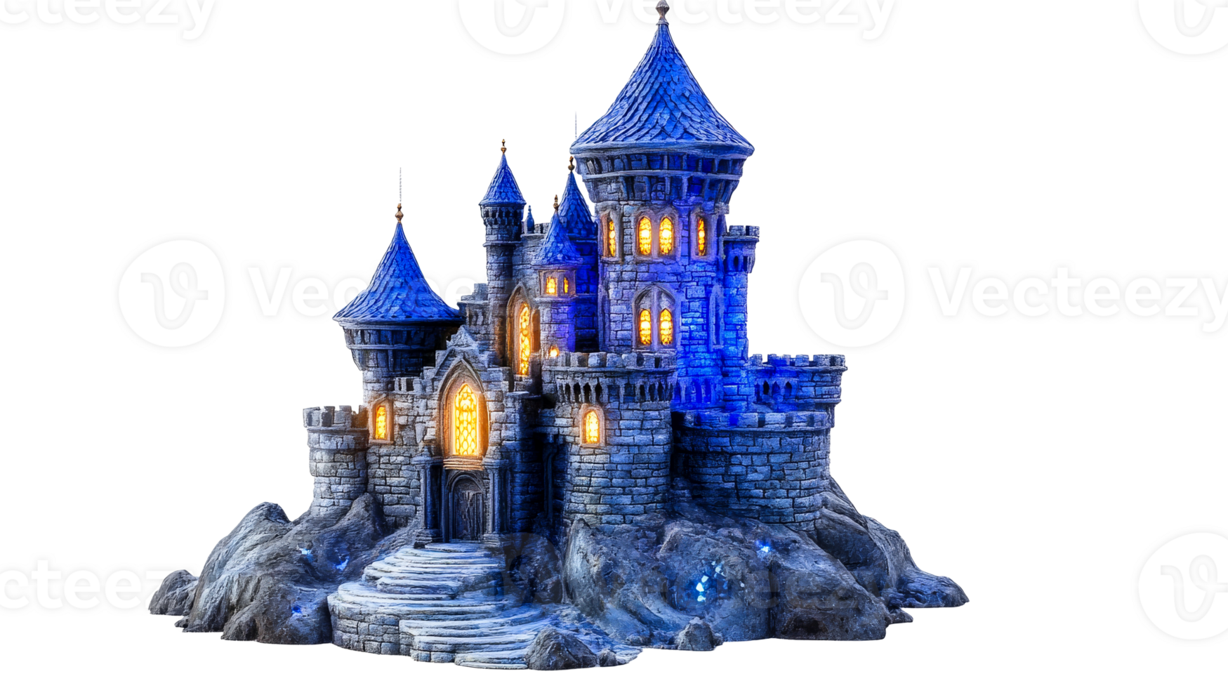 Majestic stone castle, night scene, cut out transparent png