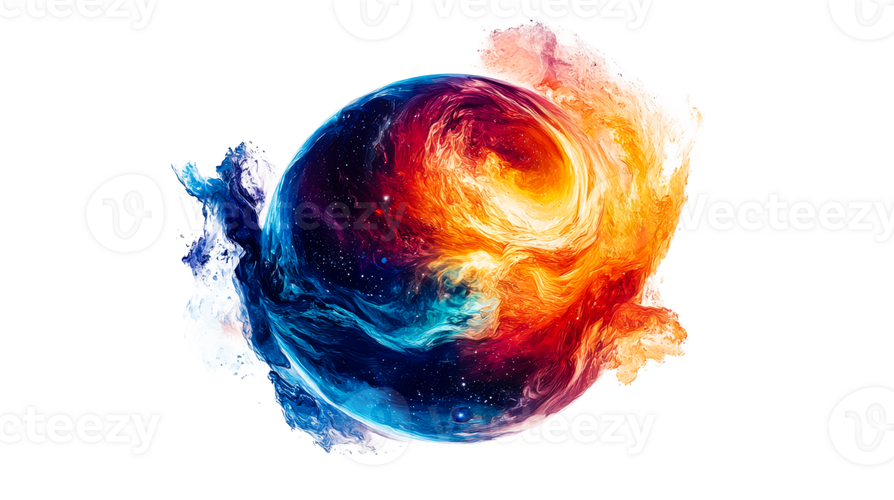 Abstract planet with fiery nebula, cut out transparent png