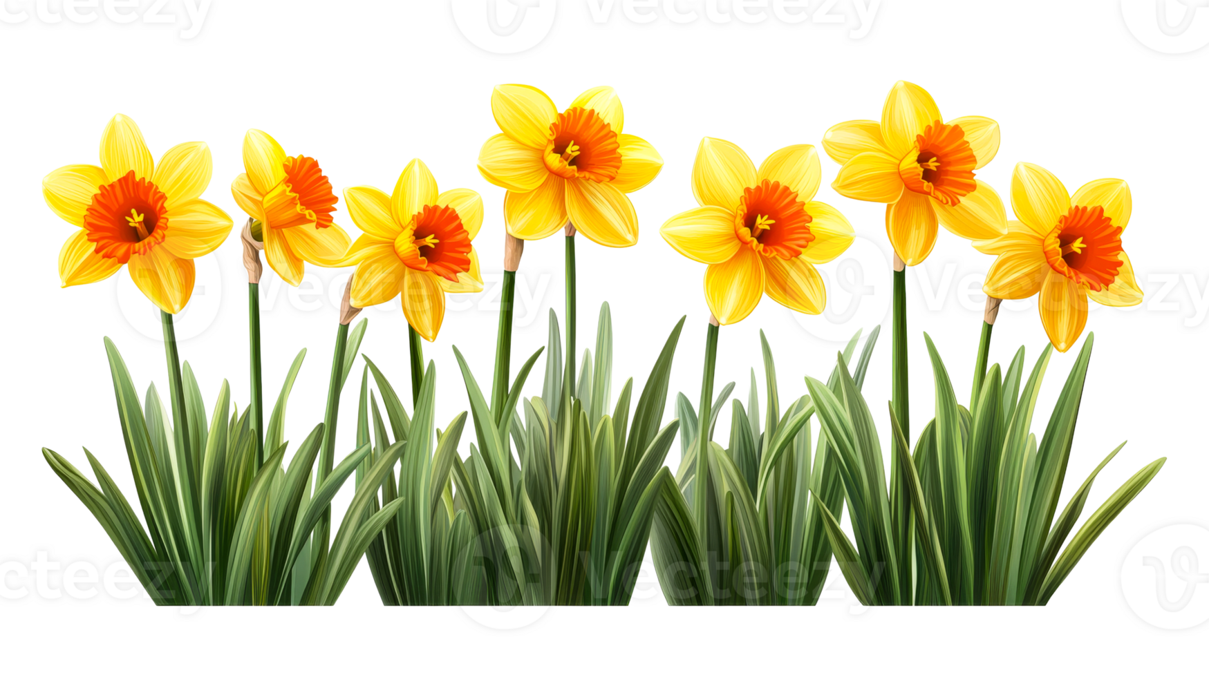 Seven daffodil flower arrangement, cut out transparent png