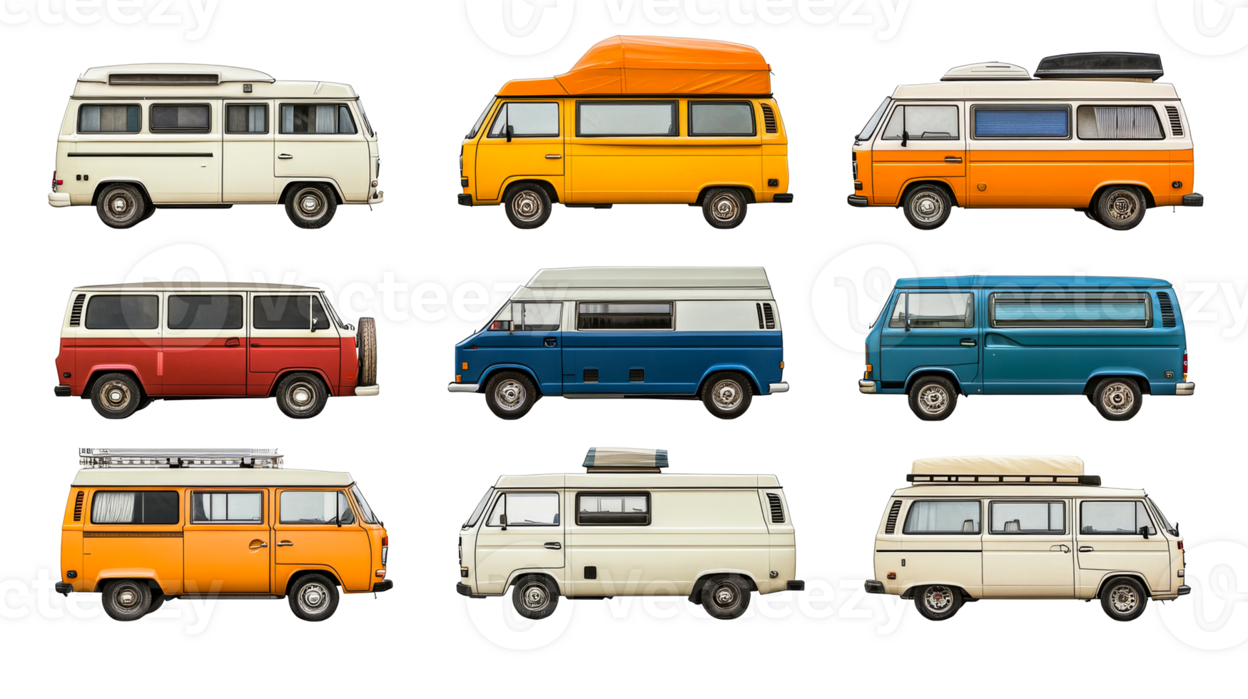 Colorful classic camper van collection, cut out transparent png