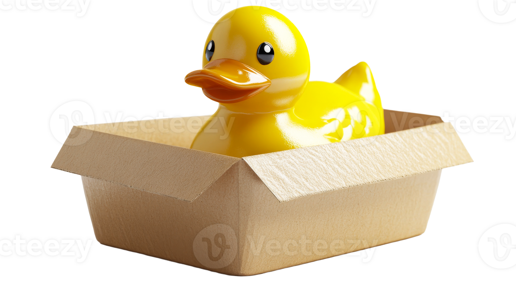 Rubber duck in cardboard box, cut out transparent png