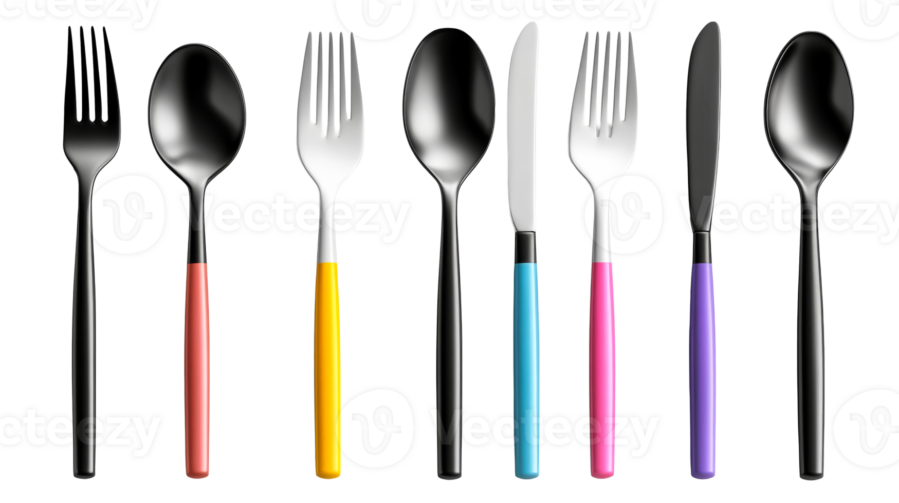 Cutlery arrangement with colorful handles, cut out transparent png
