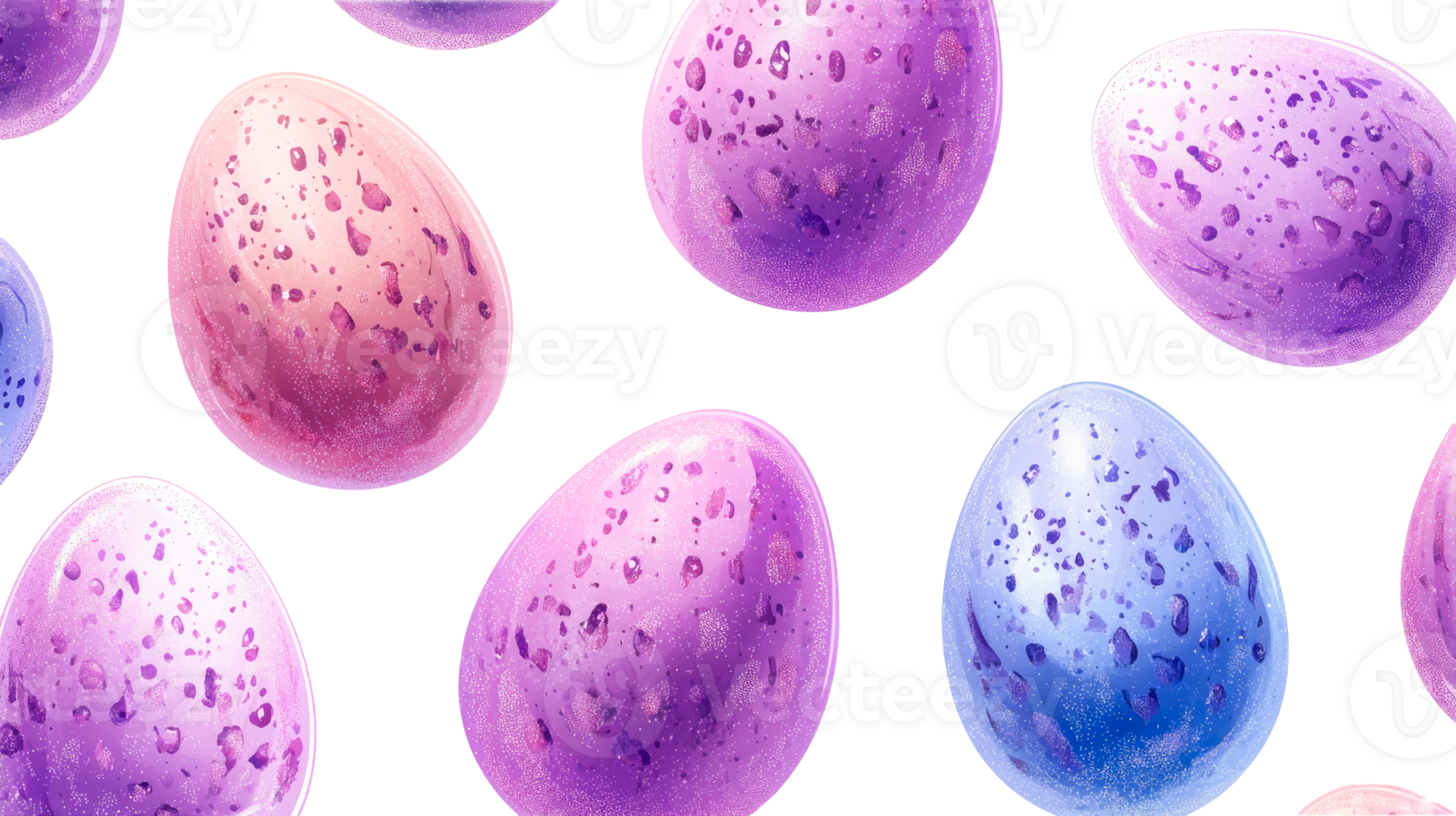 Colorful speckled eggs on black, cut out transparent png