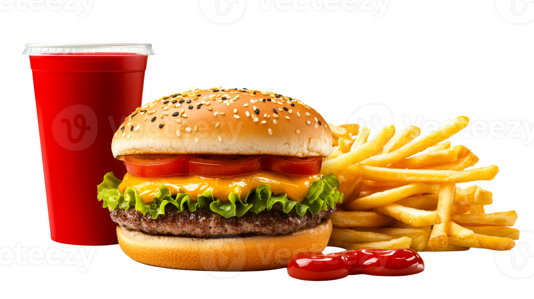 Cheeseburger, beverage, fries with ketchup, cut out transparent png