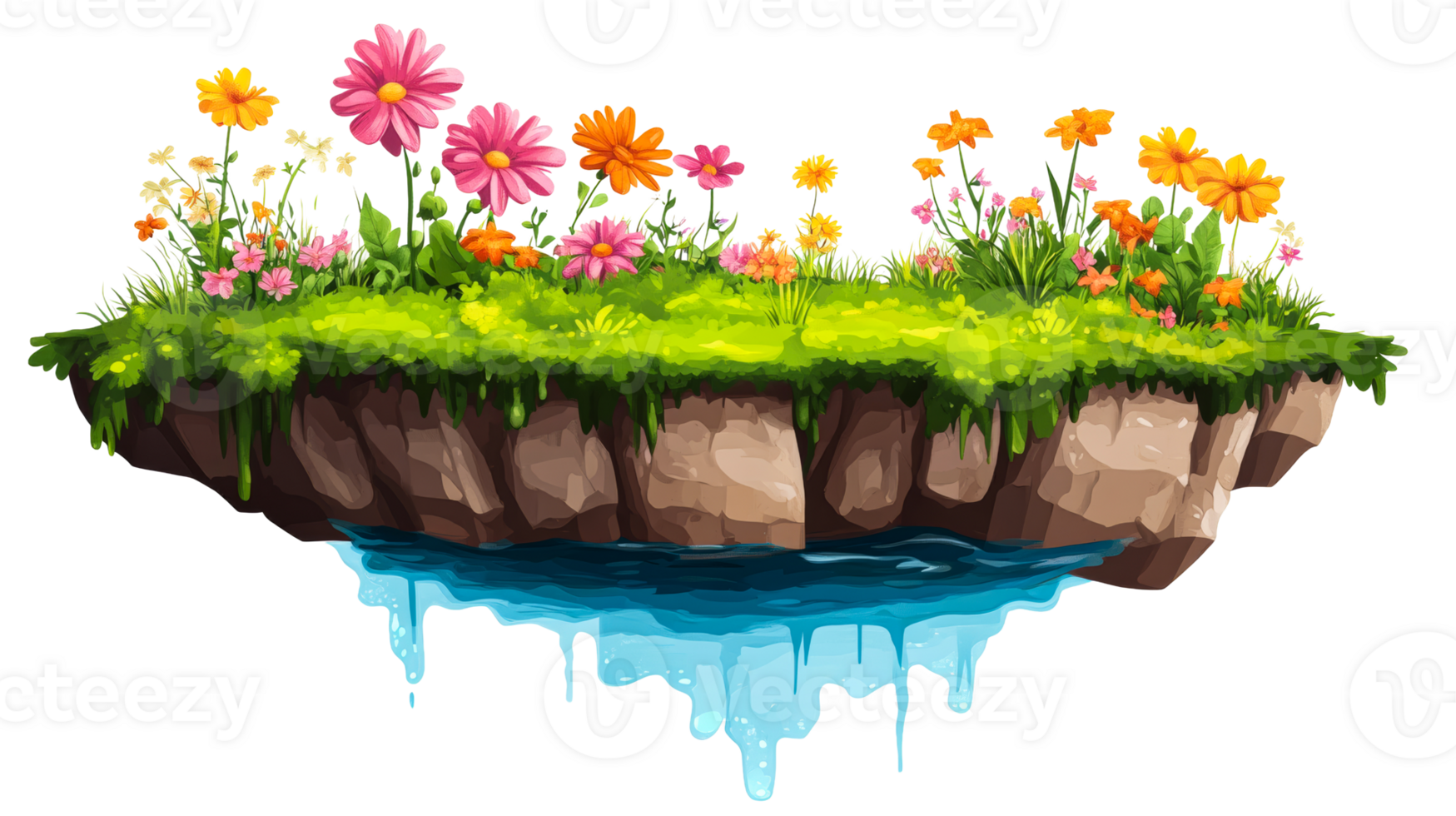 Floating island with flowers, cut out transparent png
