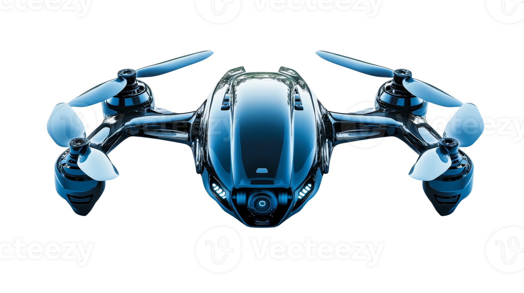 Modern shiny quadcopter drone on black, cut out transparent png