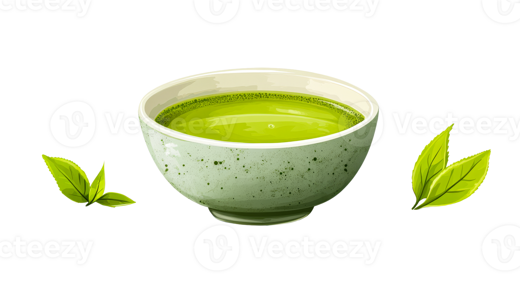 Matcha tea bowl with leaves, cut out transparent png