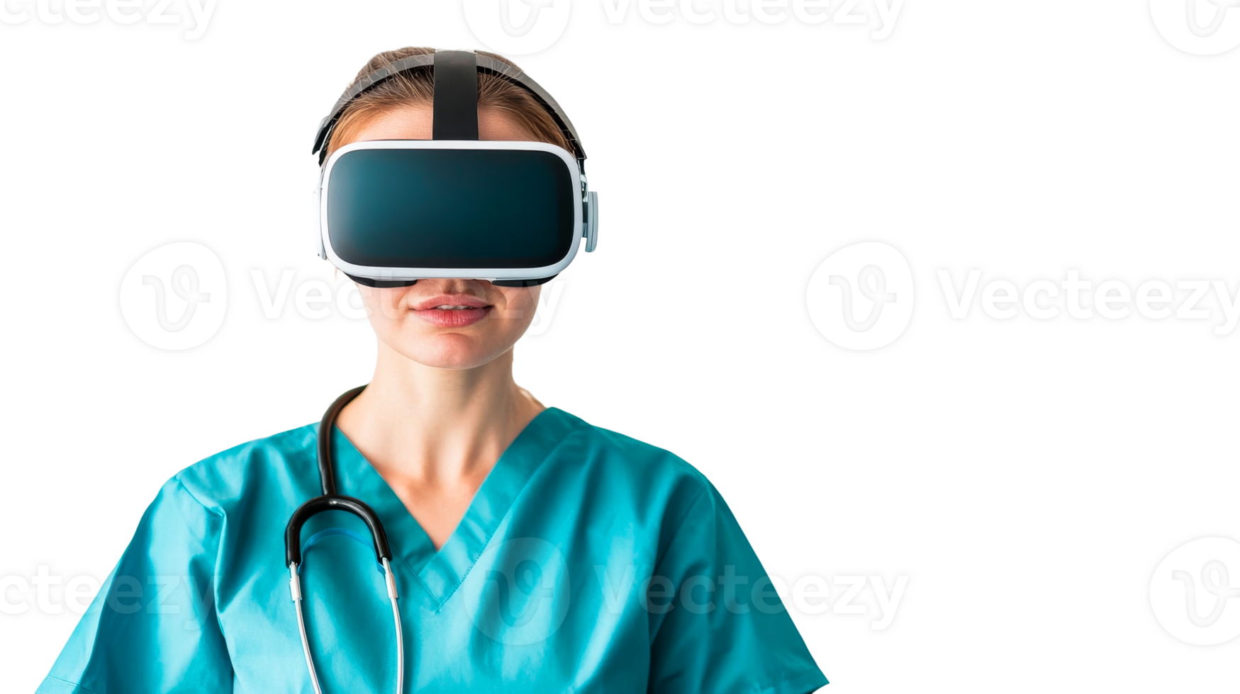 Female healthcare worker with VR headset, cut out transparent png