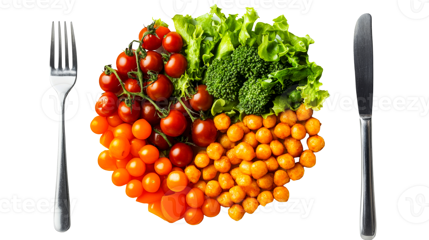 Colorful vegetables with fork, knife, cut out transparent png