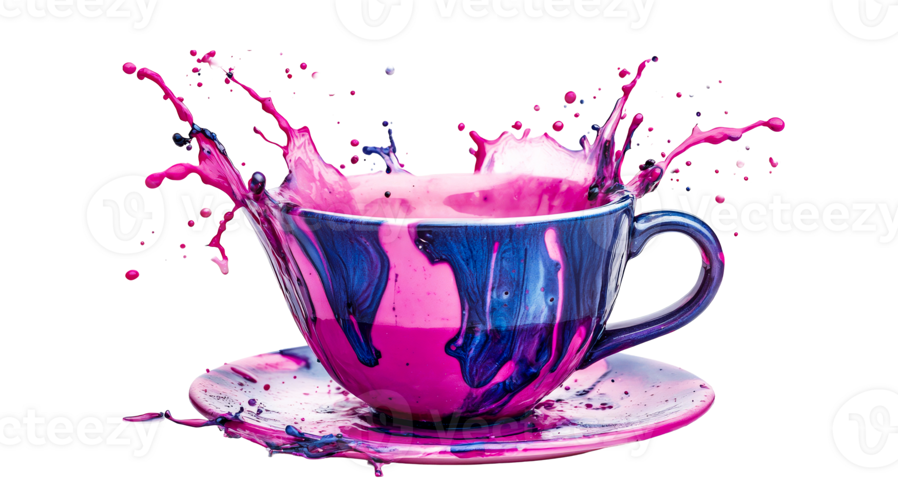 Splashing pink liquid in teacup, cut out transparent png