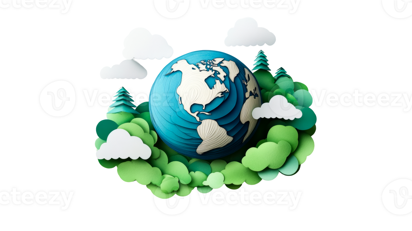 Earth papercraft with tree and cloud, cut out transparent png