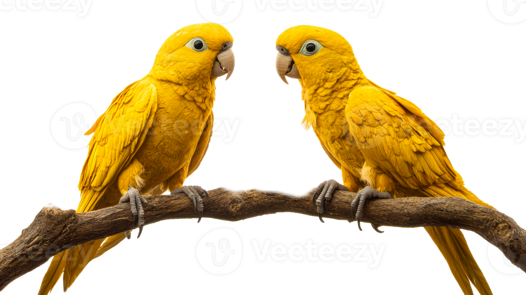 Two Golden Parakeets on Branch, cut out transparent png