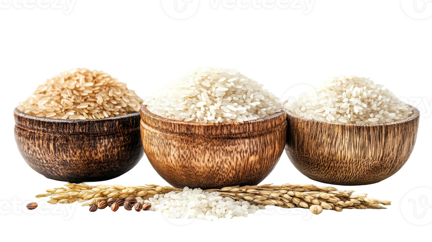 Various types of rice in wooden bowls on display png