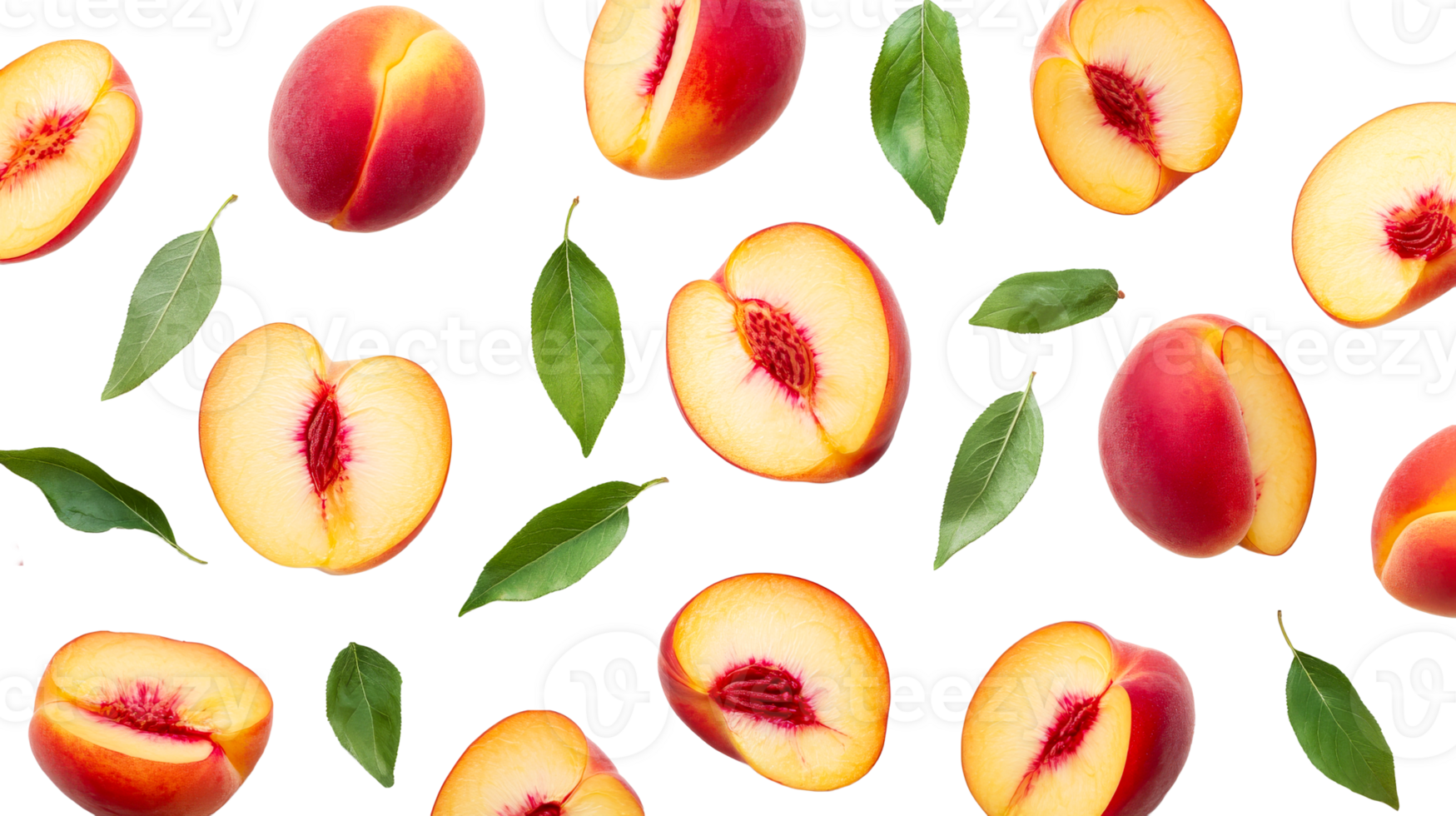 Fresh peach slices with green leaves png