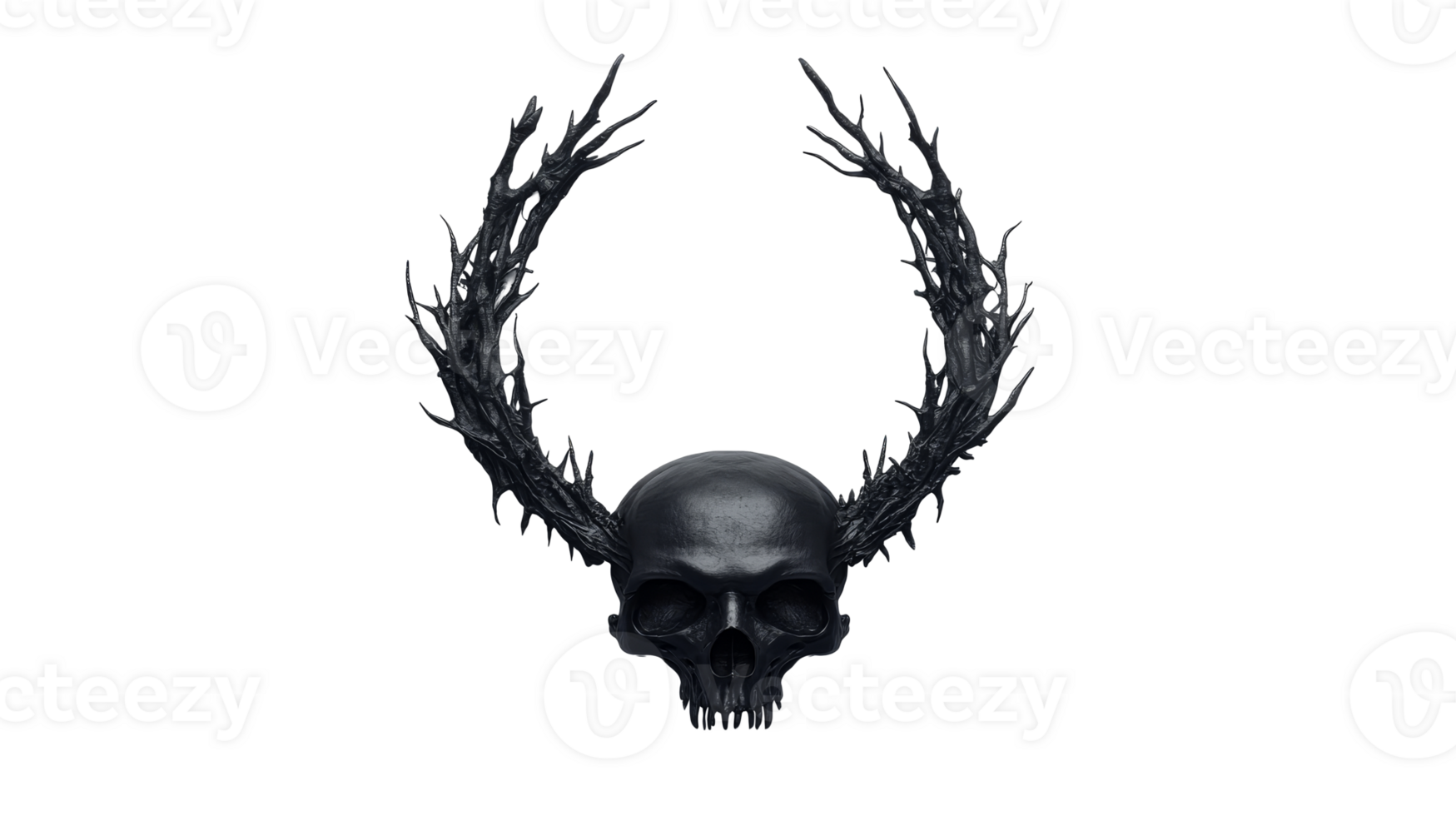 Black skull with antlers, transparent bg png