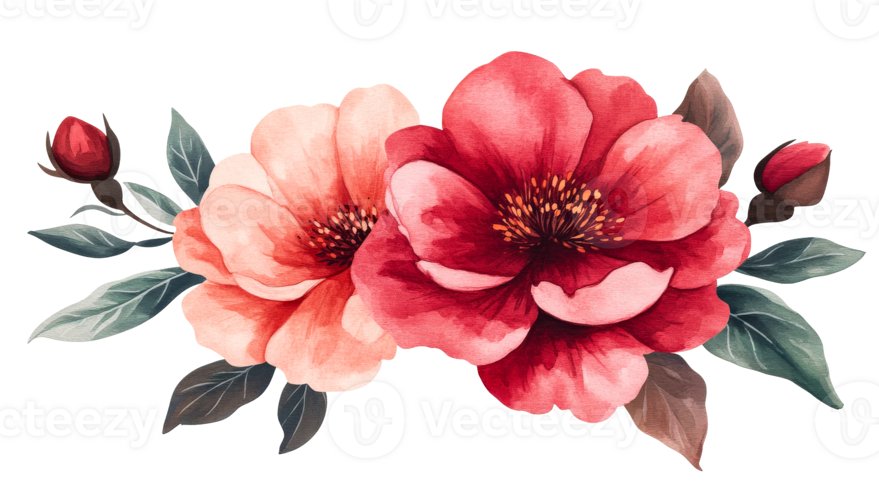 Red and pink blooming flowers with leaves png