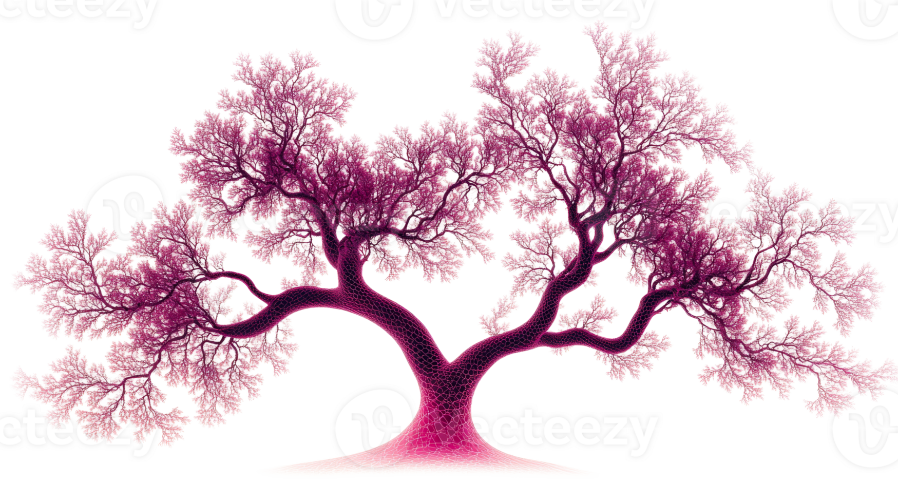 Pink fractal tree on black background, cut out transparent png