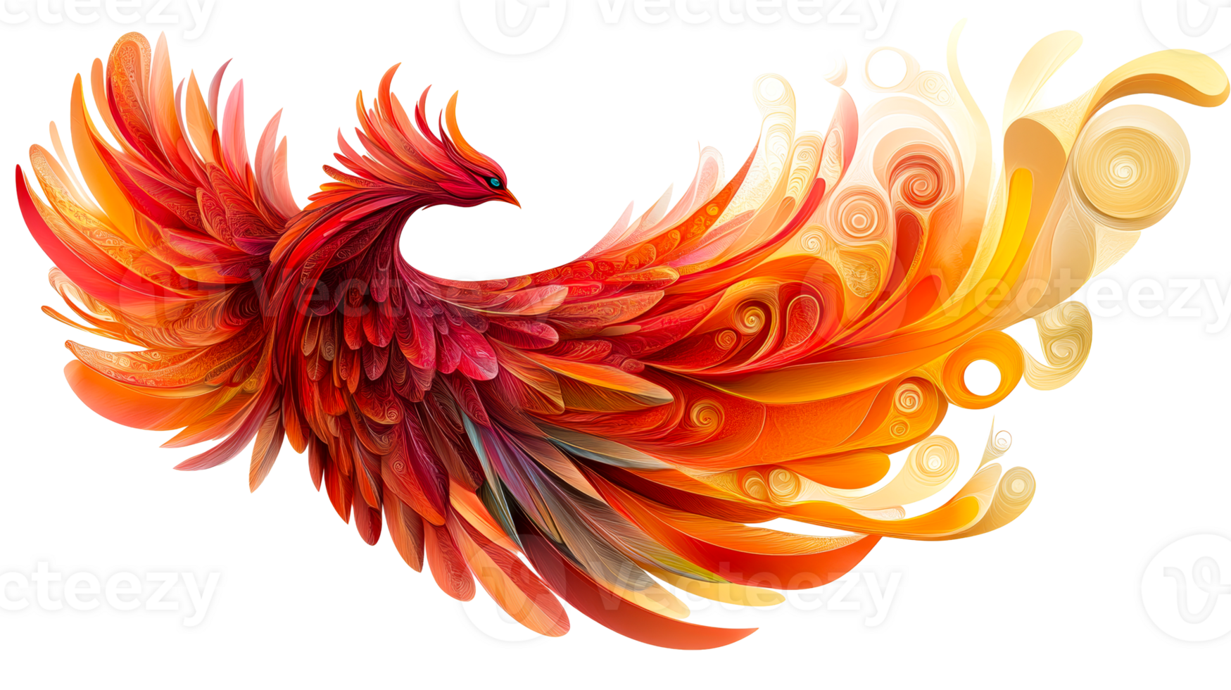 Phoenix bird, swirling feathers, flames, cut out transparent png