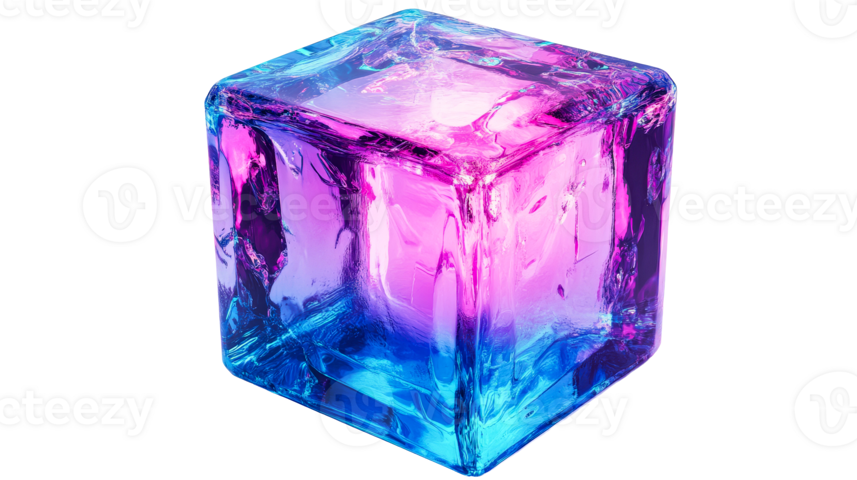 Glowing ice cube in vivid colors, cut out transparent png