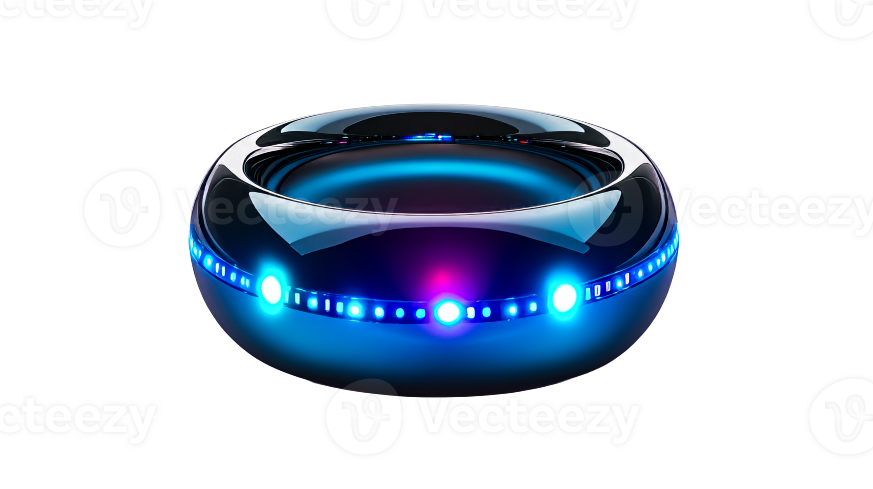 Circular tech gadget with blue lights, cut out transparent png