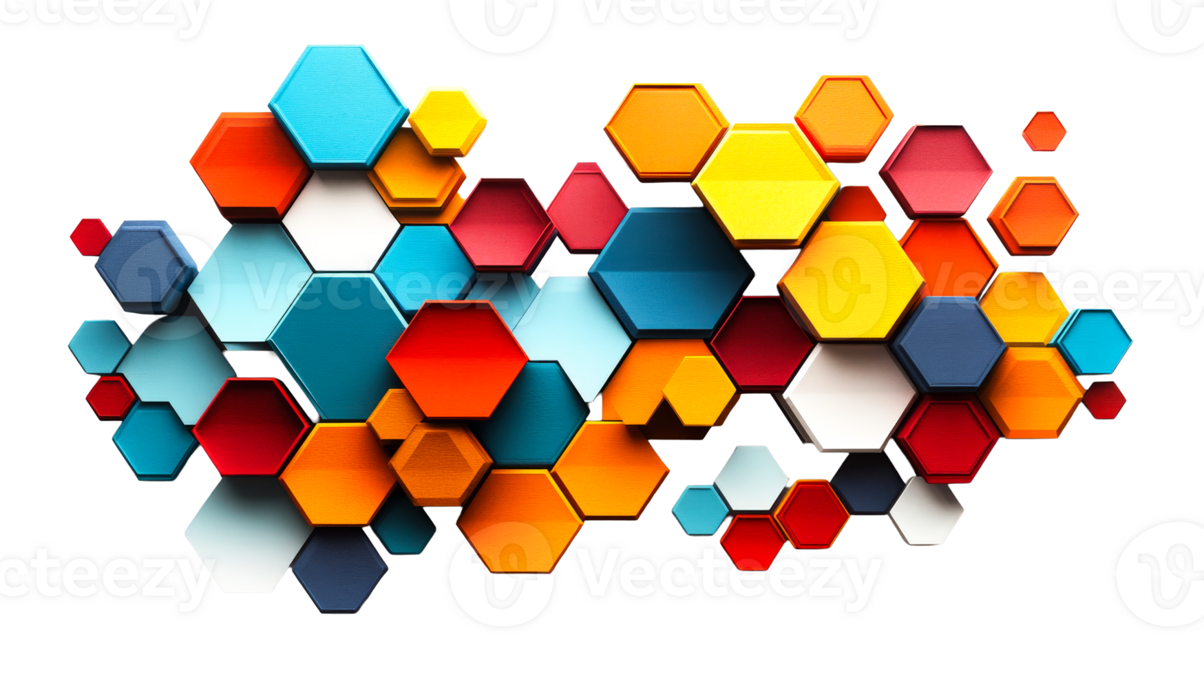 Hexagonal pattern, colorful mosaic on black, cut out transparent png