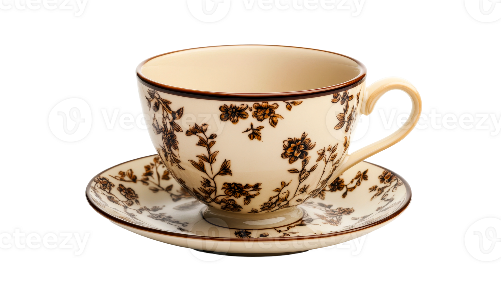 Beige floral teacup on saucer, cut out transparent png