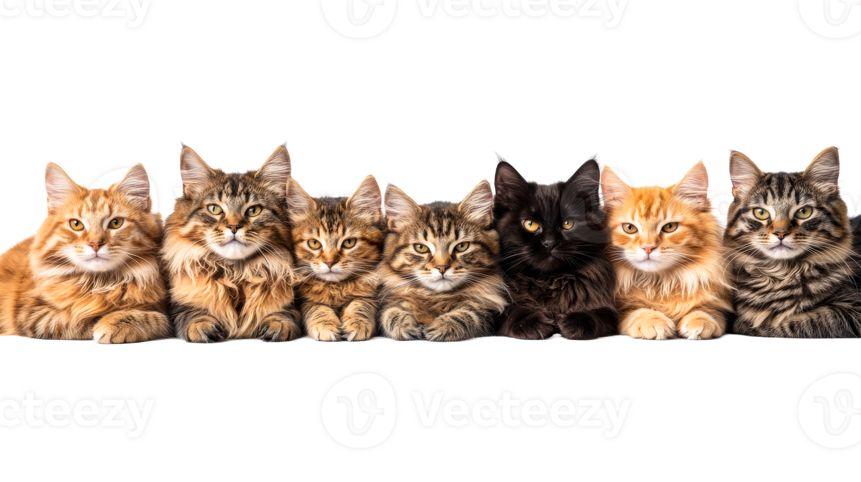 Row of seven furry kittens, cut out transparent png