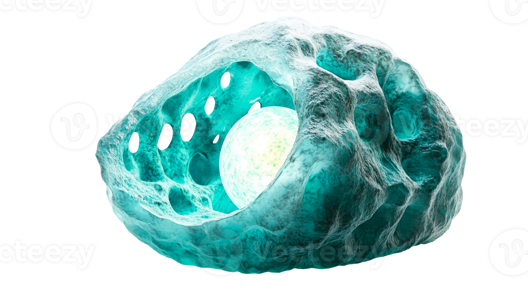 Glowing sphere inside rough teal formation, cut out transparent png
