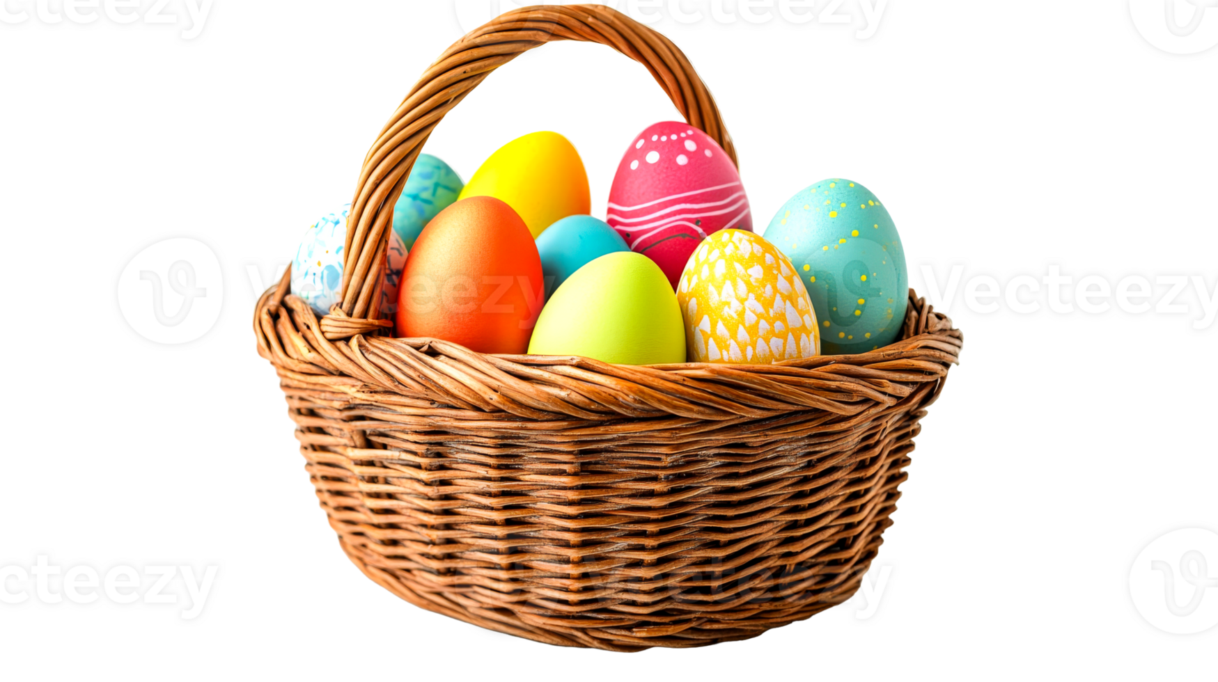 Wicker basket with colorful Easter eggs, cut out transparent png
