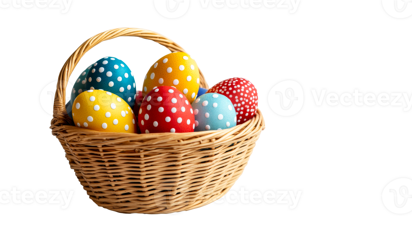 Polka Dot Easter Eggs in Wicker Basket, cut out transparent png