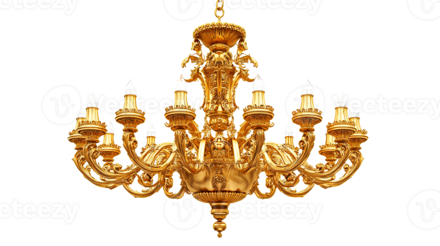 Ornate golden chandelier on black, cut out transparent png