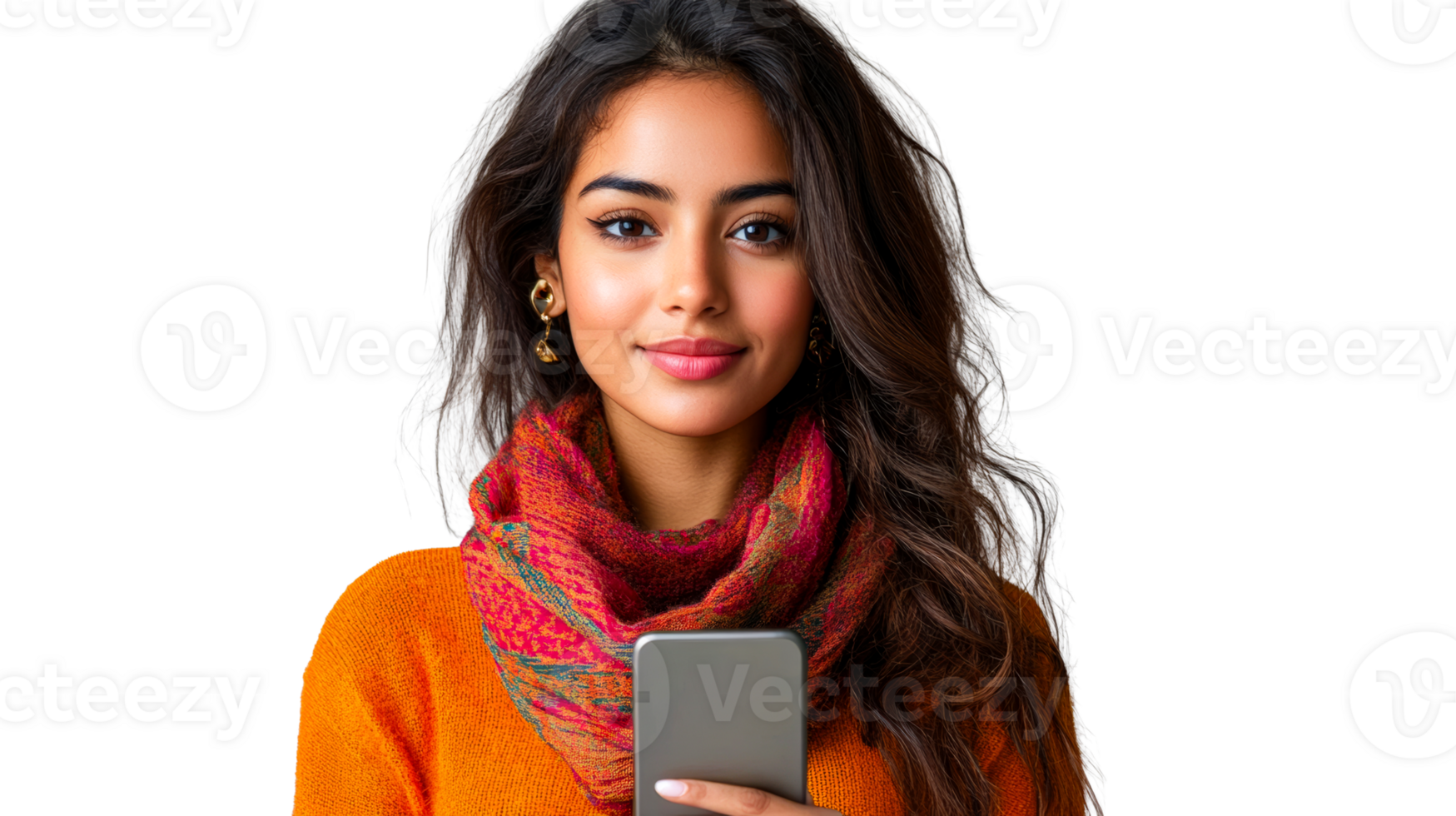Brunette holds cellular against dark backdrop, cut out transparent png