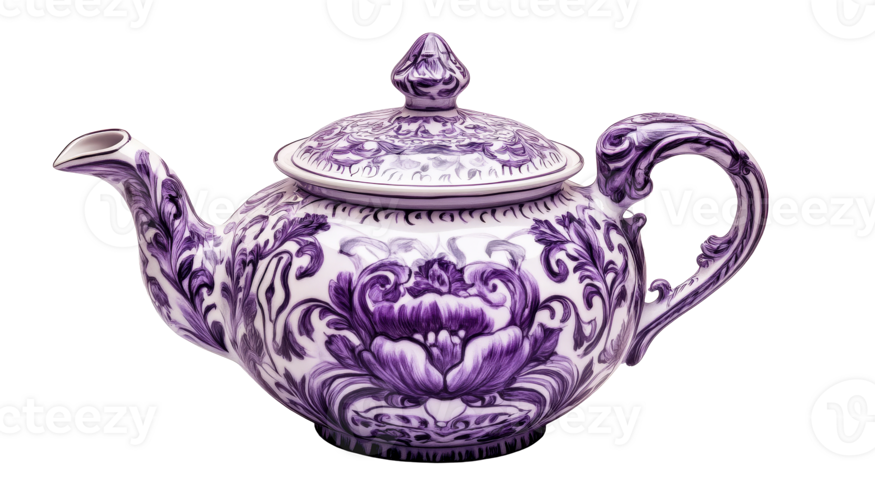 Ornate Violet Teapot on Black, cut out transparent png