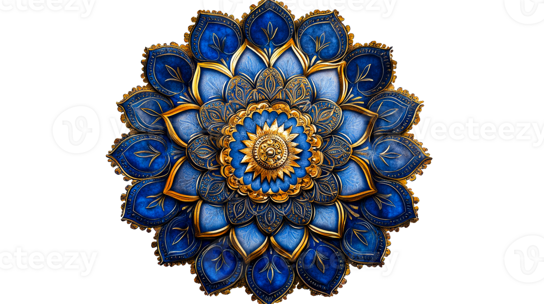 Floral medallion in blue, gold, cut out transparent png