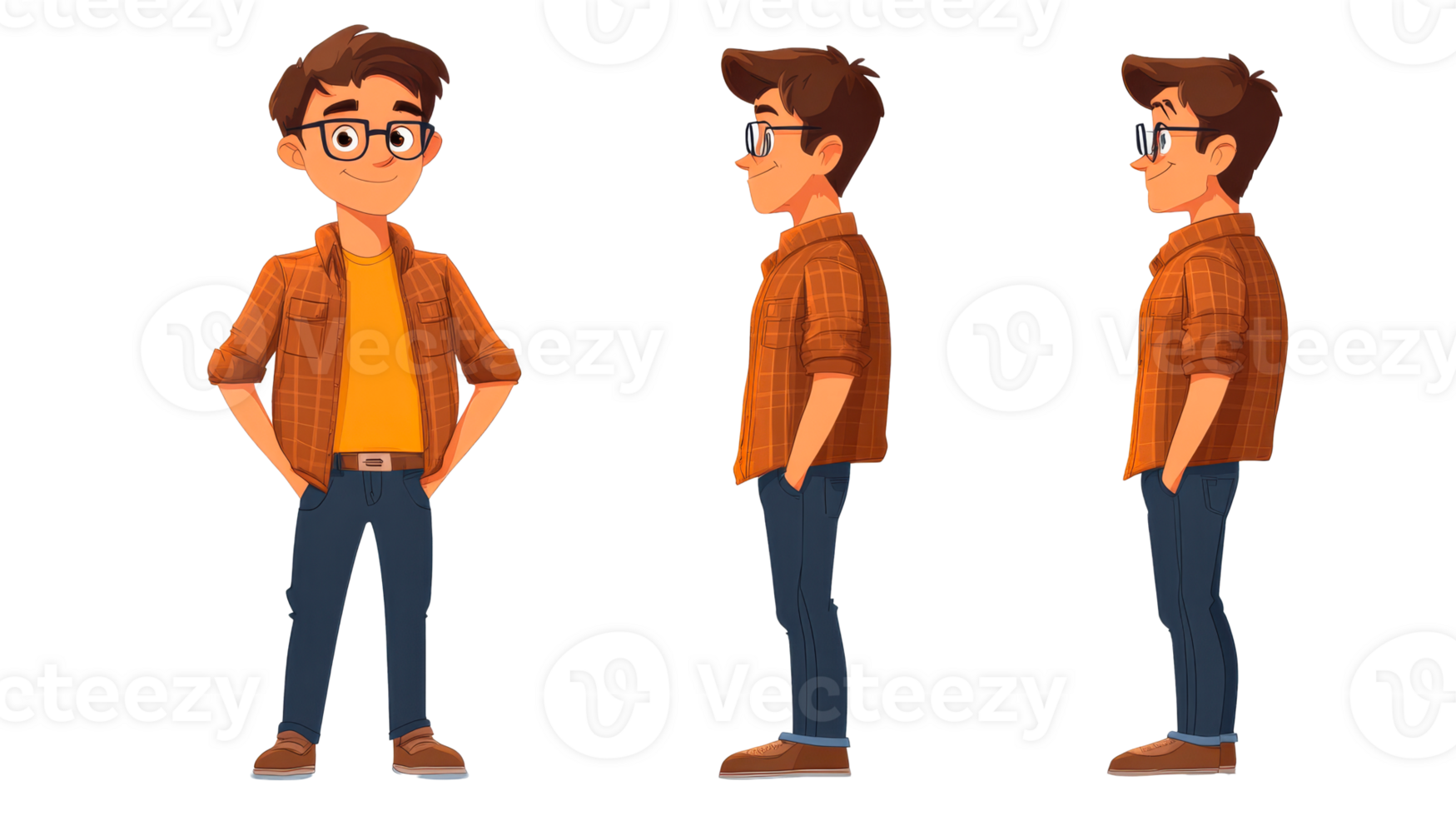 Cartoon man in glasses, multiple views, cut out transparent png