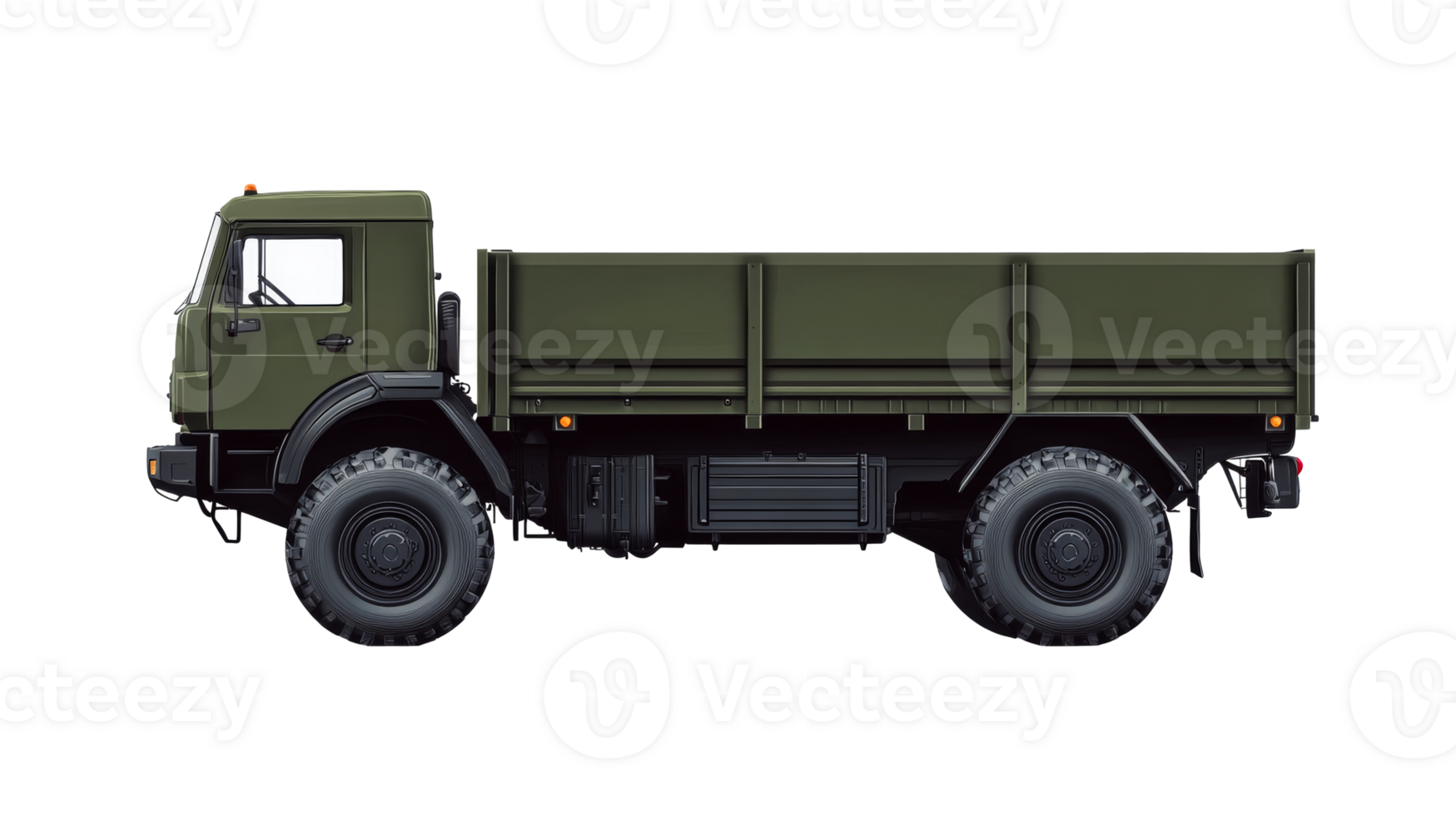 Olive drab flatbed truck, cut out transparent png