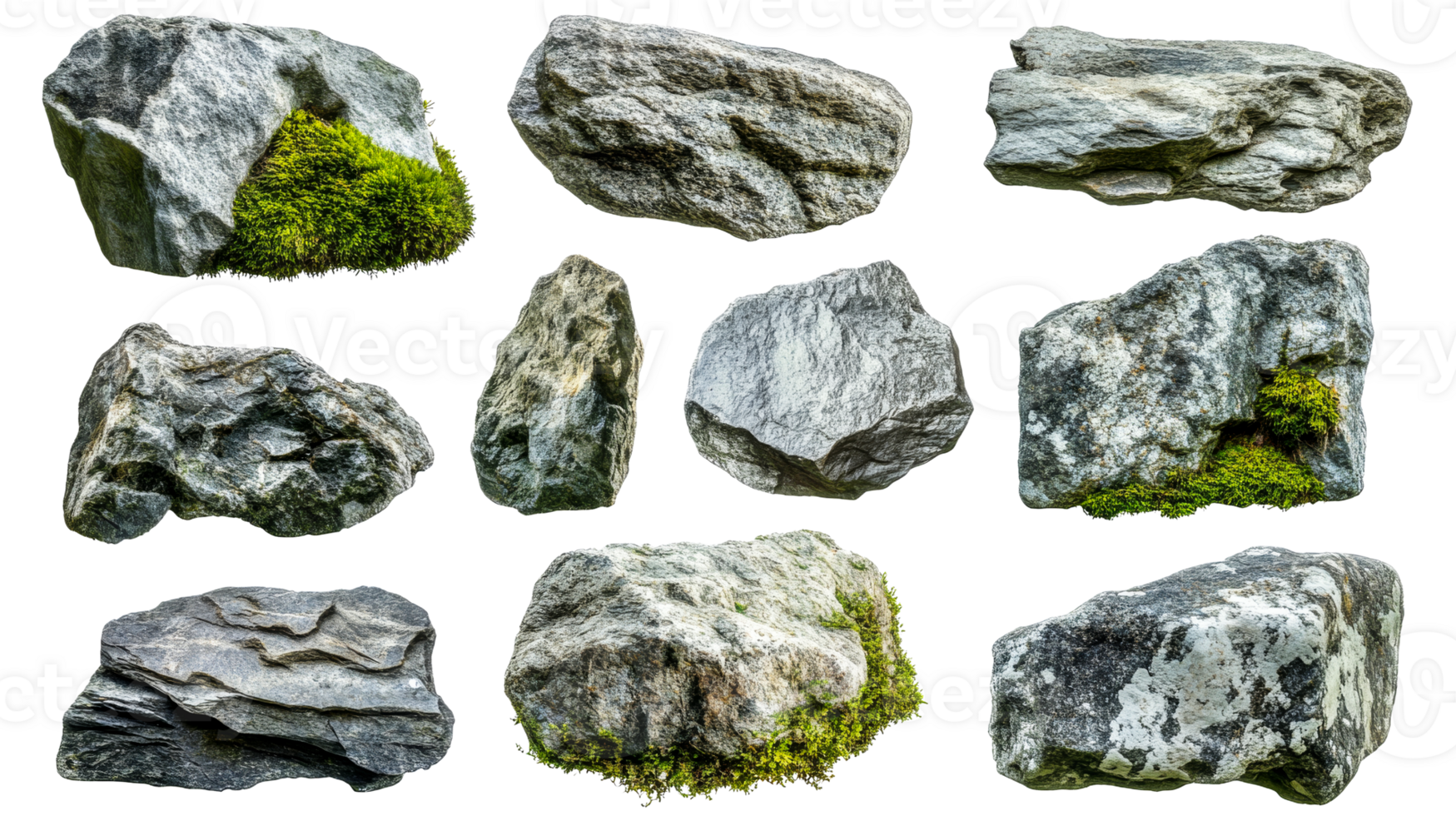 Assorted rocks with moss, cut out transparent png